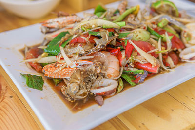 High angle view of seafood in plate on table