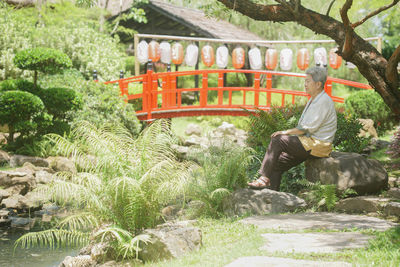 Rear view of woman sitting on rock