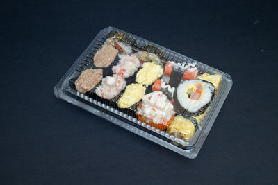 High angle view of sushi served on tray