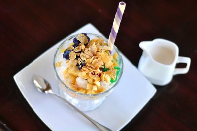 High angle view of halo-halo served on table