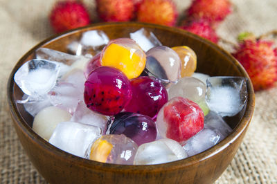 Close-up of fruit jelly in bowl on table