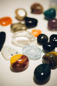 Close-up of semiprecious stones on white background