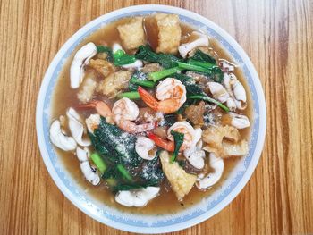 High angle view of soup in bowl on table