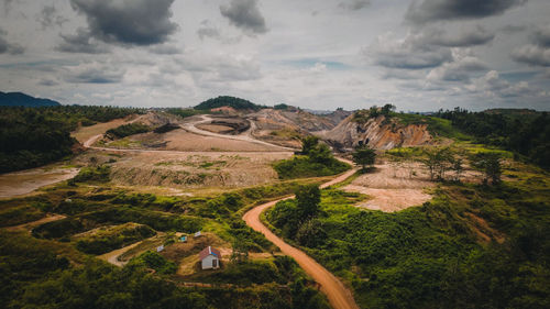 High angle view of landscape a road to mining foeld