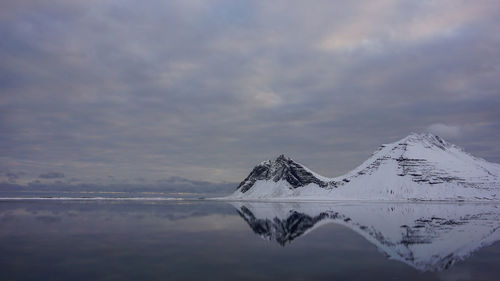 Scenic view of lake and snowcapped mountains against sky