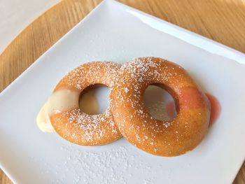 High angle view of dessert in plate on table