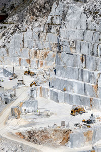 High angle view of text on rock against wall