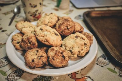 Close-up of cookies in plate on table
