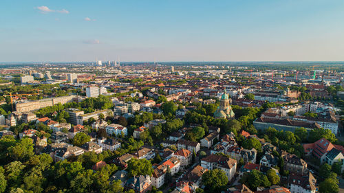 High angle shot of townscape against sky