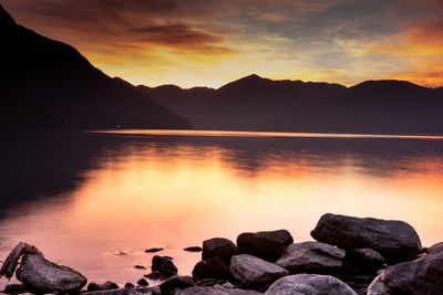 Scenic view of lake against sky during sunset