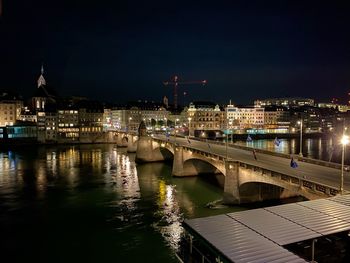 Bridge over river by illuminated buildings in city at night