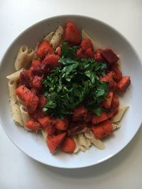 High angle view of salad in plate on table