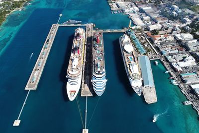 High angle view of cruise ships moored on sea