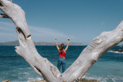 Rear view of person at sea shore against sky