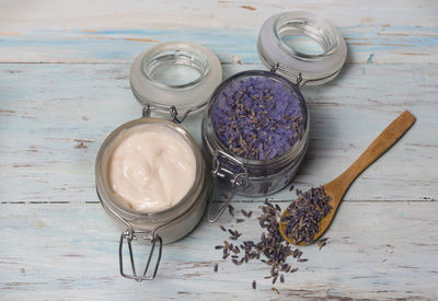 High angle view of eggs in jar on table