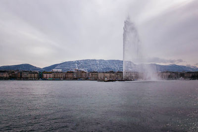 Jet d eau the large water fountain with buildings and mountains in background 