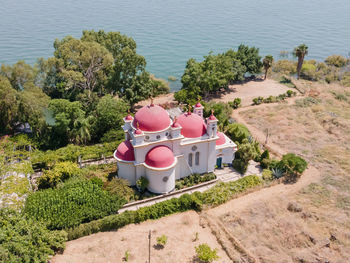 High angle view of temple by sea