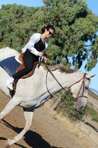 Woman riding horse against trees