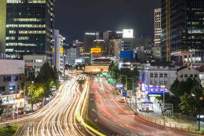 High angle view of illuminated city at night