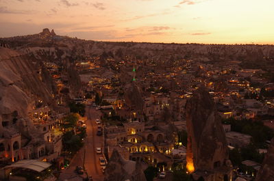 High angle view of townscape against sky during sunset