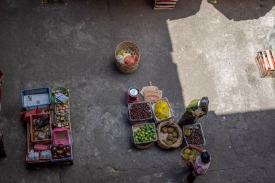 High angle view of multi colored vegetables on street
