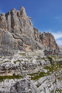 Low angle view of rocky mountains against sky