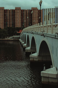 Bridge over river by buildings in city