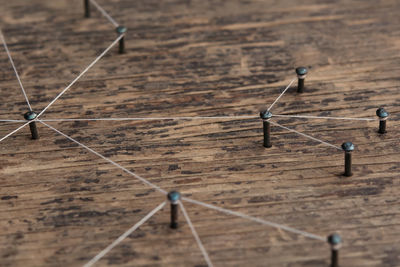 High angle view of barbed wire on wooden floor