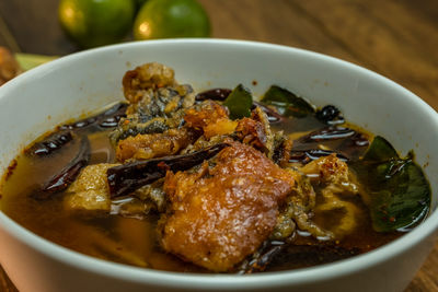 High angle view of food in bowl on table