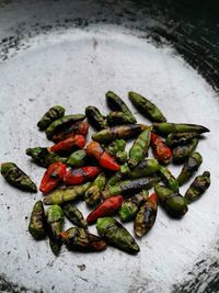 High angle view of chopped vegetables in container