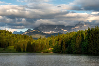 Scenic view of lake and mountains against sky