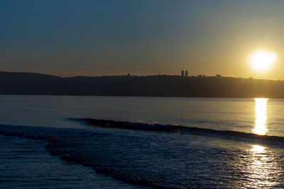 Scenic view of sea against clear sky during sunset