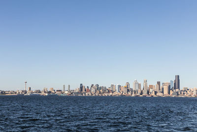 Sea and cityscape against clear blue sky