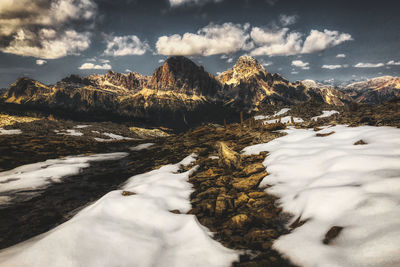 Scenic view of snowcapped mountains against sky