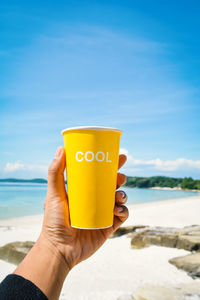 Close-up of hand holding disposable glass with text at beach against sky