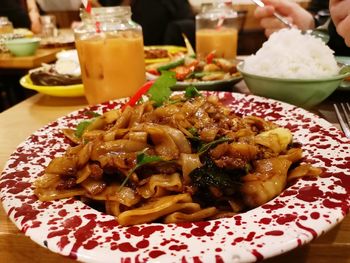 Close-up of food served on table