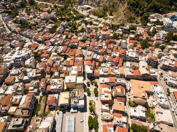 High angle view of houses in town