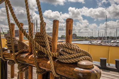 Den helder, the netherlands. july 31 2021. the ropework and corvine nails on the deck of a ship.