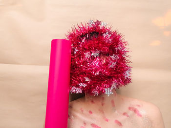 High angle view of christmas decorations on man's head