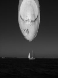 Close-up of sailboat in sea against sky