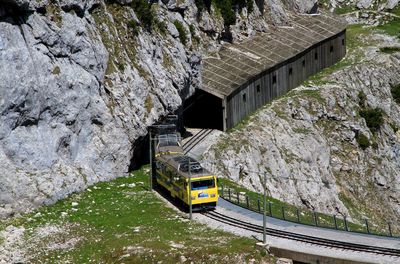 High angle view of train on mountain