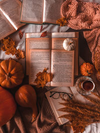 High angle view of books on table