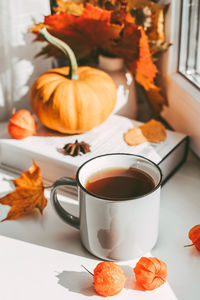 A mug of tea on the window next to a book, dry leaves in a vase and a pumpkin
