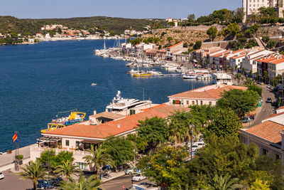 View over parc rochina to the natural harbor of mahon, menorca island, balearic islands, spain