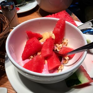 High angle view of fruits in bowl on table