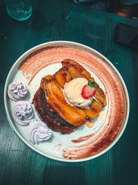 High angle view of food in plate on table