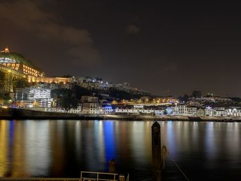 Illuminated buildings by river against sky at night