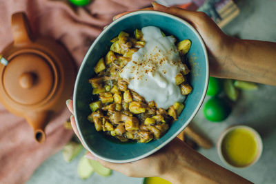 High angle view of breakfast served on table