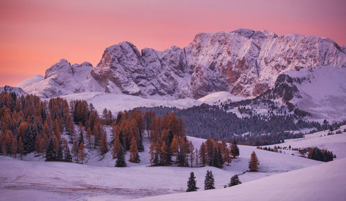 Snow covered mountain against sky during sunset