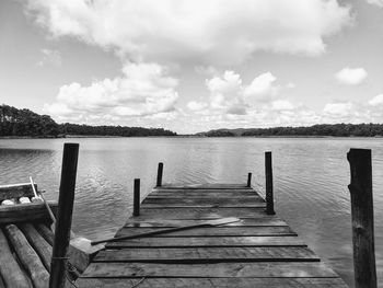 Wooden pier over lake against sky